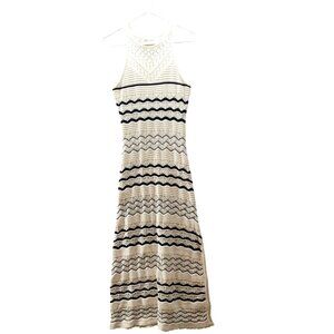 Springfield Knit Maxi Dress Womens M Side Slit Ivory Black Striped Sleeveless